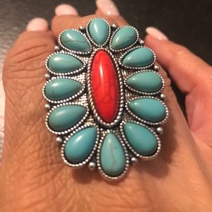 Oversized Torquoise & Red Squash Blossom Ring